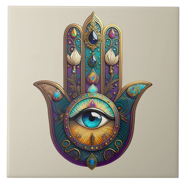 Azulejo Gold Violet Teal Hamsa con Tercer Ojo Turquesa (Frente)