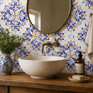 Azulejo Golden Arabesque Elegant Blue Floral Mosaic