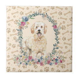 Azulejo Golden Doodle Perro Paw Imprimir Floral Cute Beige