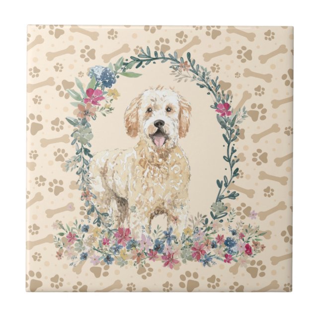 Azulejo Golden Doodle Perro Paw Imprimir Floral Cute Beige (Frente)