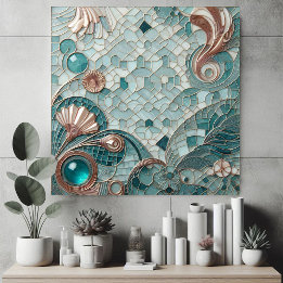 Azulejo Golden Embellishment Aqua Blue Bubbles Mosaic Cool
