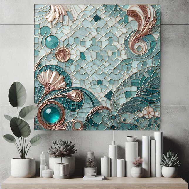 Azulejo Golden Embellishment Aqua Blue Bubbles Mosaic Cool (Golden Embellishment Aqua Blue Bubbles Mosaic Cool Ceramic Tile)
