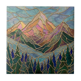 Azulejo Golden Mountain Peaks Forest Stained Glass Art