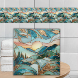 Azulejo Golden Mountain Peaks Forest Stained Glass Art