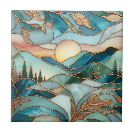 Azulejo Golden Mountain Peaks Forest Stained Glass Art