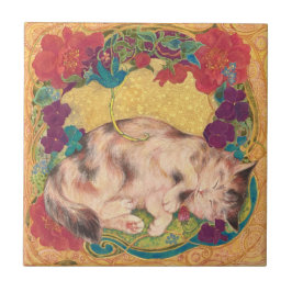 Azulejo Golden Nap: Feline Serenity in Bloom