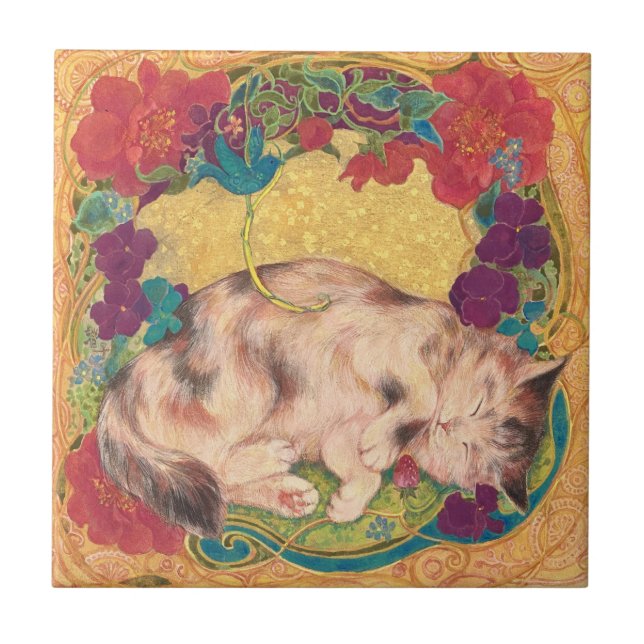 Azulejo  Golden Nap: Feline Serenity in Bloom (Frente)