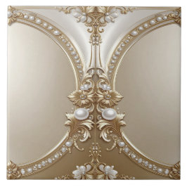 Azulejo Golden Ornate Frame with Pearls Ceramic Tile