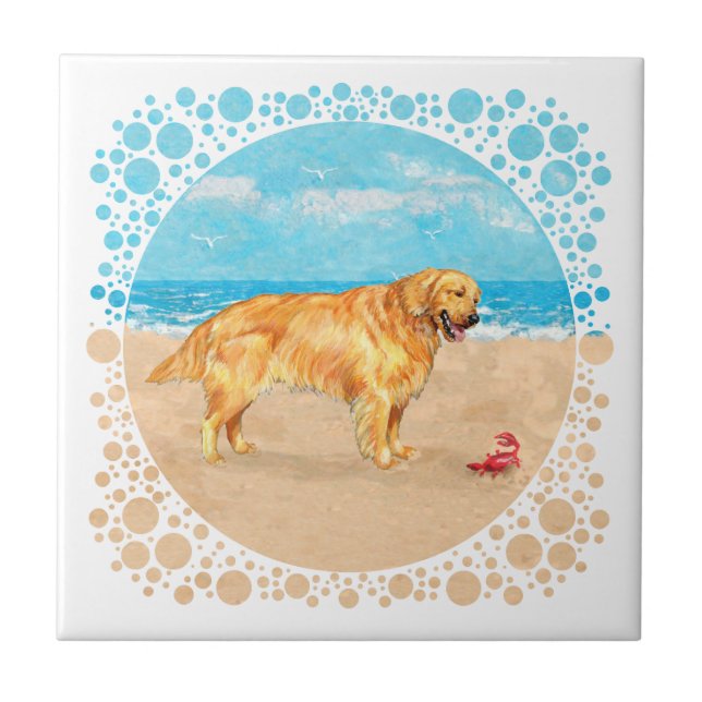 Azulejo Golden Retriever en la Playa (Frente)