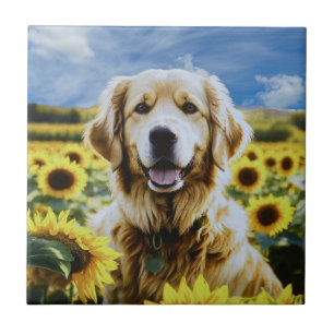 Azulejo Golden Retriever in a Sunflower Field