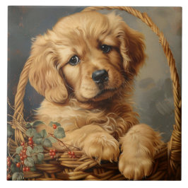 Azulejo Golden Retriever Puppy en una cesta
