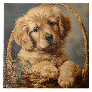 Azulejo Golden Retriever Puppy en una cesta