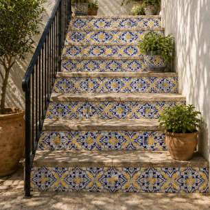 Azulejo Golden Sunburst Elegant Blue and Gold Floral