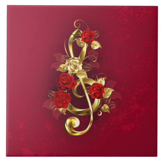 Azulejo Golden Treble Clef con flores Rosas (Frente)