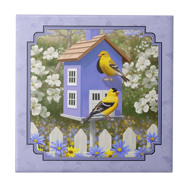 Azulejo Goldfinches & Cute Aves Lavanda (Frente)