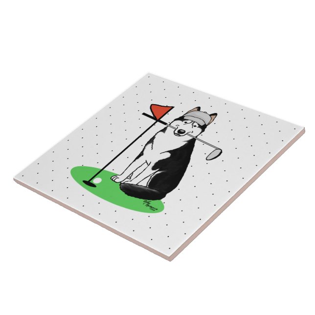 Azulejo Golf Siberian Husky (negro) Perro jugando Cute Gra (Lado)