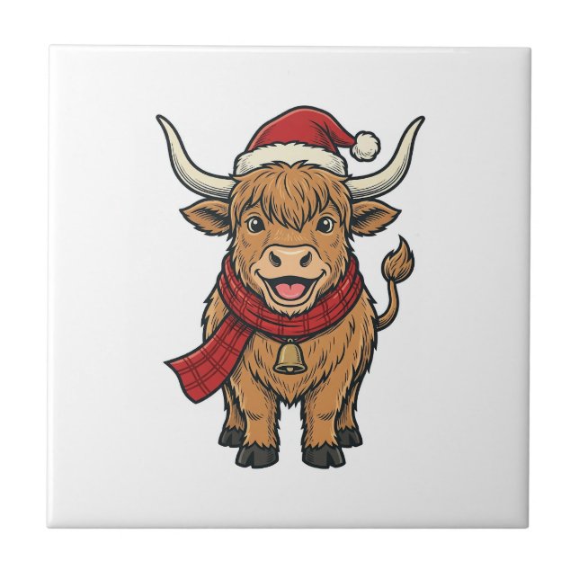 Azulejo Gorra de Santa de vaca de las Highlands de Navidad (Frente)