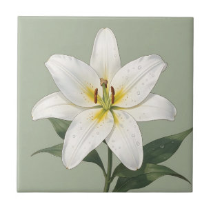 Azulejo Gotas de Rocío de Lirio Blanco Elegante Botánico