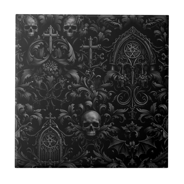Azulejo Gothic Baroque Skull Pattern in Black (Frente)