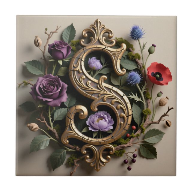 Azulejo Gothic Floral Antique Gold Letter S (Frente)