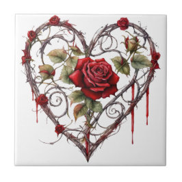 Azulejo Gothic Red Rose Heart Vine Artwork Vintage Elegant