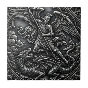 Azulejo Gótico Cristiano Arcángel San Miguel Metal Gris