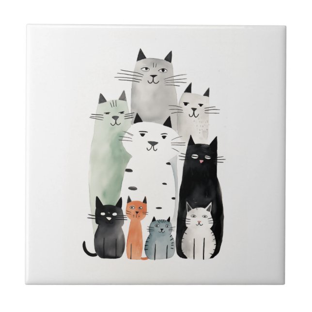 Azulejo Gouache Ilustracion de acuarela de gatos y amigos (Frente)