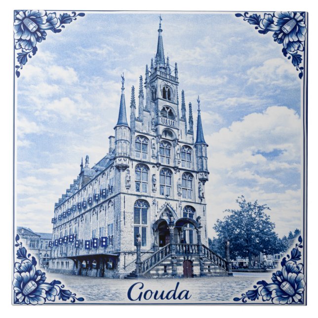 Azulejo Gouda town hall Delft Blue style ceramic tile (Frente)