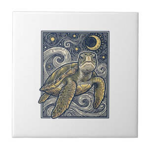Azulejo Grabado Antiguo Tortuga Marina Noche Estrellada