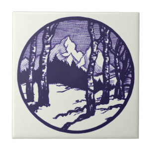 Azulejo Grabado de escena de montaña invernal vintage