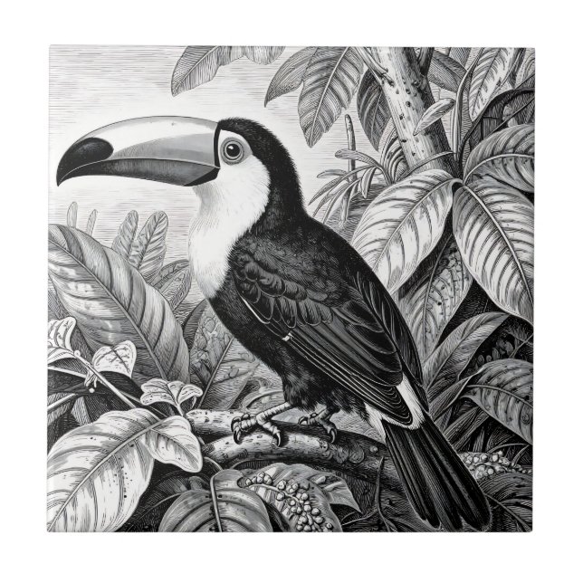 Azulejo Grabado de follaje de selva de tucanes (Frente)