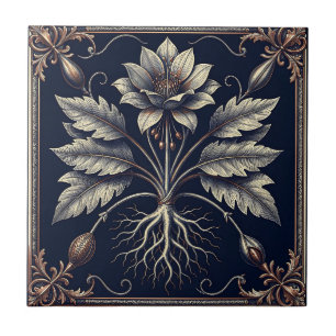 Azulejo Grabado dorado de raíz de amapola botánica vintage