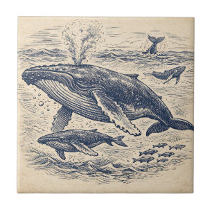 Azulejo Grabado vintage de manada de ballenas jorobadas