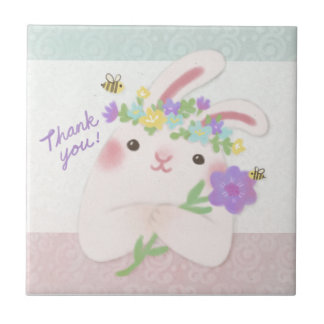 Azulejo Gracias: Ilustración de conejo con flores
