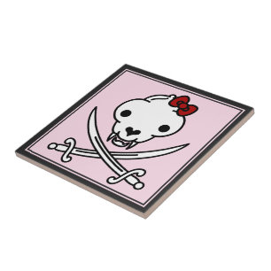 Azulejo Gracioso Black White Jolly Kitty Pirate Skull Bone