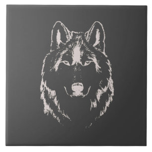 Azulejo Gracioso Esbozo De Cabeza De Lobo Blanco Y Gris