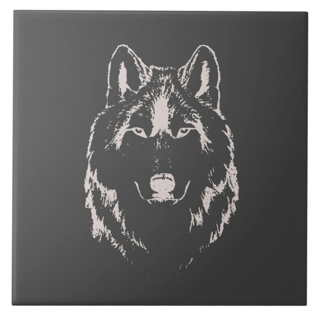 Azulejo Gracioso Esbozo De Cabeza De Lobo Blanco Y Gris (Frente)