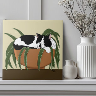 Azulejo Gracioso gato de planta blanca negra