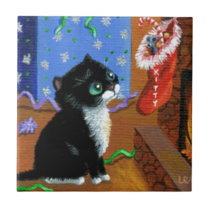 Azulejo Gracioso gato Navidades Tuxedo Kitten Mouse