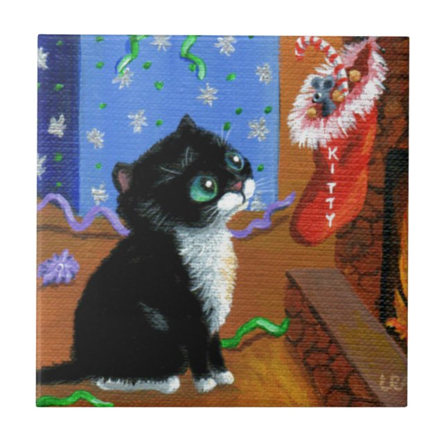 Azulejo Gracioso gato Navidades Tuxedo Kitten Mouse (Frente)