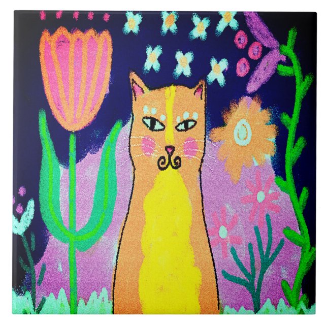 Azulejo Gracioso Resumen de arte de gato digital (Frente)