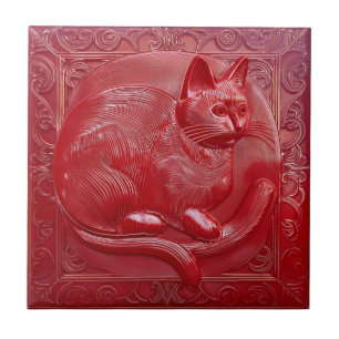 Azulejo Grado de imitación rojo cereza Gato Art Nouveau
