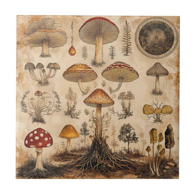 Azulejo Gráfico Botánico de Hongos Vintage (6) (Frente)