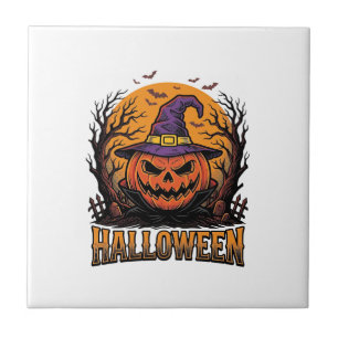 Azulejo Gráfico de sombrero de bruja de calabaza de Hallow