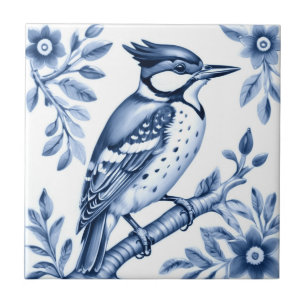 Azulejo Gran pájaro carpintero de pájaro delft azul y blan