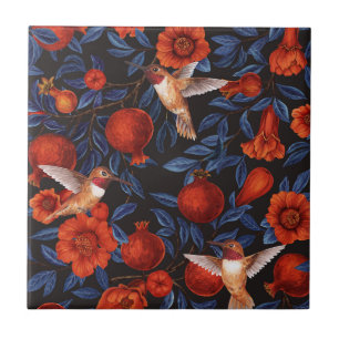 Azulejo Granadas y colibríes/hojas azules en negro