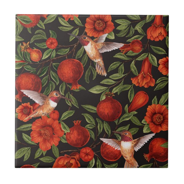 Azulejo Granadas y colibríes/hojas verdes en negro (Frente)