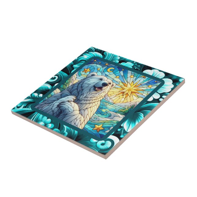 Azulejo Grandioso y caprichoso oso polar Faux Stained Glas (Lado)