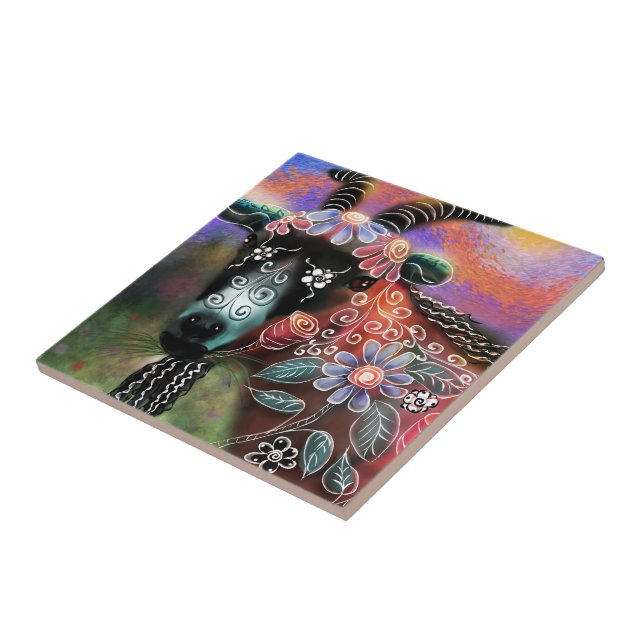 Azulejo Granja de cabra floral caprina animal (Lado)