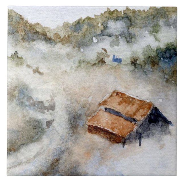 Azulejo Granja de campo en finca de valle llena de niebla (Frente)